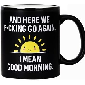 Amazon Essentials Funny Black Mug with Cheerful Yellow Sun NEW